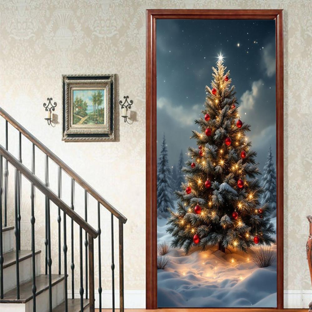 Christmas Tree PVC Self-Adhesive Waterproof Door Sticker Modern Simulation Door Mural Wallpaper Living Room Study Home Decor Art Door Poster