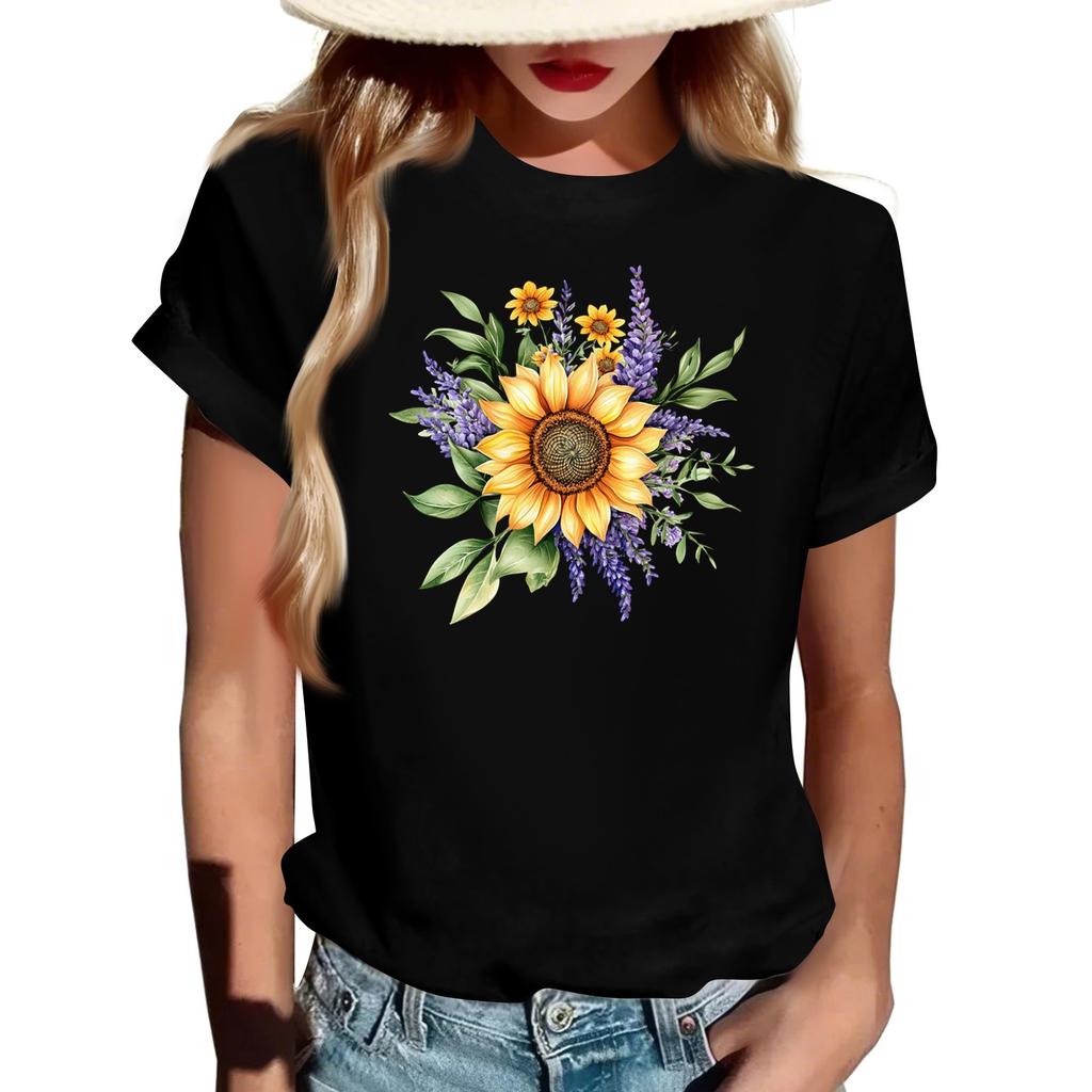 Women's Fashionable Round Neck Casual Retro Print Short Sleeved T-shirt Top