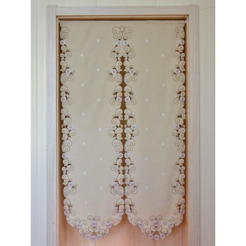Rideau Court Kaki Clair Tissu Brodé Rideau de Porte Marguerite Rideau Élégant pour Chambre Salon Salle de Bain Cuisine, Sans Tringle, 1 pièce