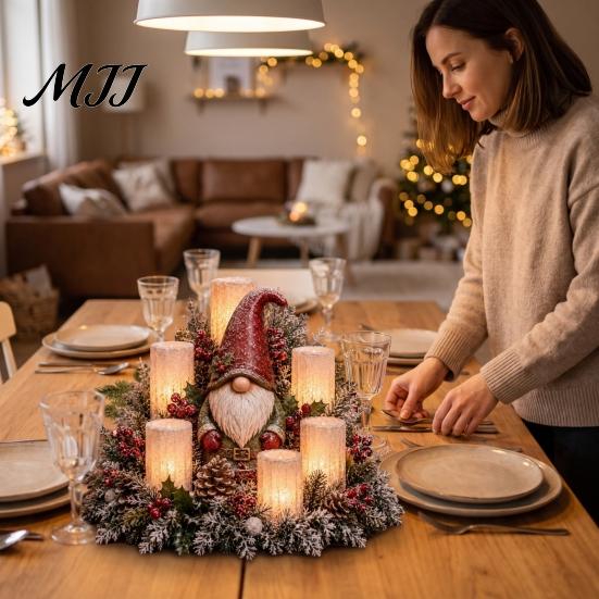 Decorative Candle Set Christmas LED Centerpiece with Artificial Cedar Pine Cones And Red Berries, Holiday Gift for Her Flameless Winter Table