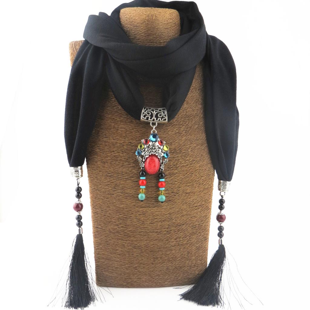 Boho Multi-Gem Pendant Scarf with Tassels, Women's 2-in-1 Fabric Scarf Necklace Accessory