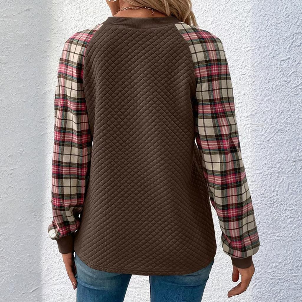 Ladies' Casual And Fashionable Diamond Patterned Patchwork Long Sleeved Round Neck Top