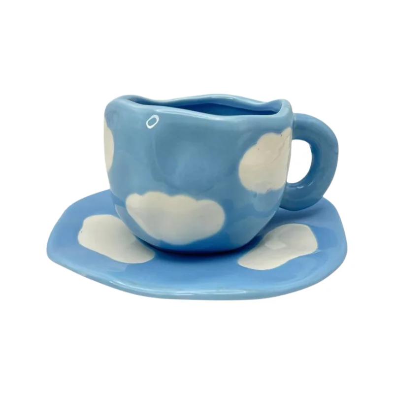 Hot Sale Manufacturer Hand-Painted Ceramic Cup Ceramic Coffee Cup Set Irregular Cup with Plate