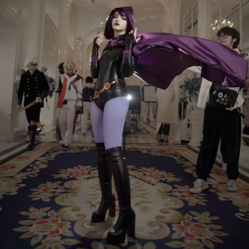Teen Titans Raven Cosplay Costume, Woman's Costume, Magic Girl Fighting Body, Set Complete with Purple Hooded Cape