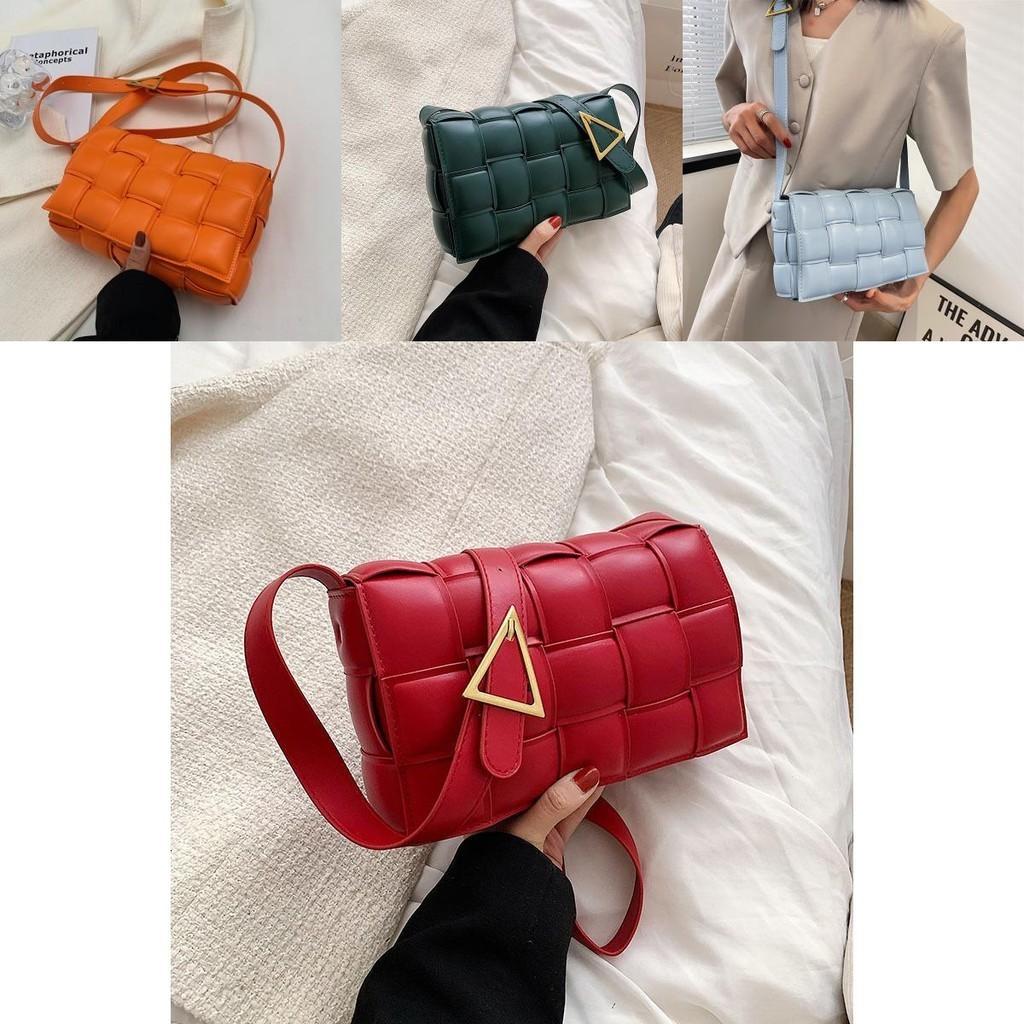 Stylish Pu Leather Women Shoulder Bag Plaid Woven Square Hand Chain Bag Gift