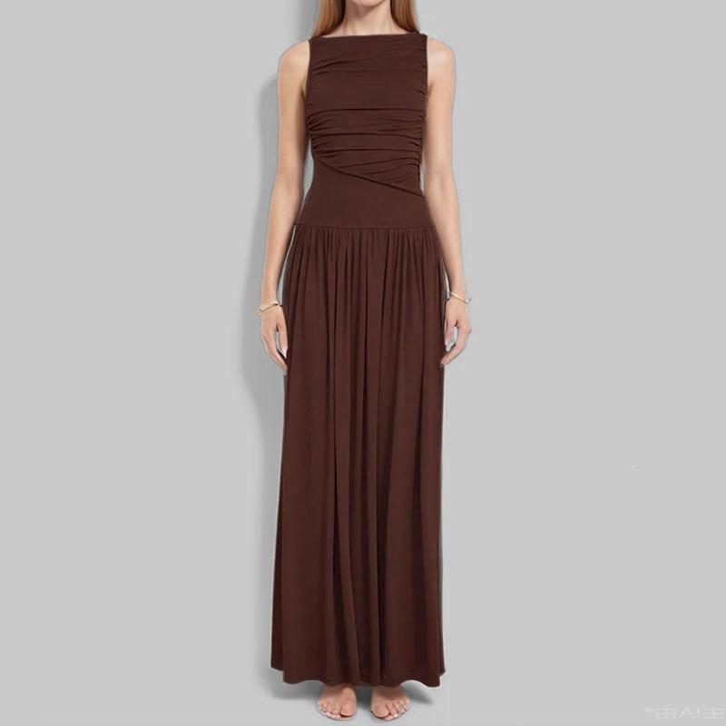 

Spring new women s clothing, European and American dresses, elegant slim-fitting pleated solid-color pleated long skirts 3XL