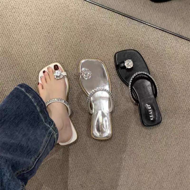 Spring and summer 2025 new rhinestone sandals outer wear women's shoes low heel square head cover toe fairy style with skirt sandals