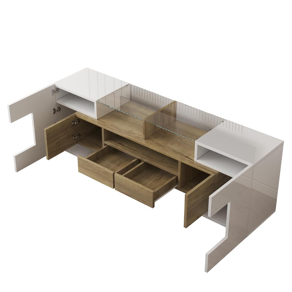 TV-Schrank, Hochglanz Lowboard mit mehrfarbiger LED-Beleuchtung, 6 Türen, 2 Schubladen