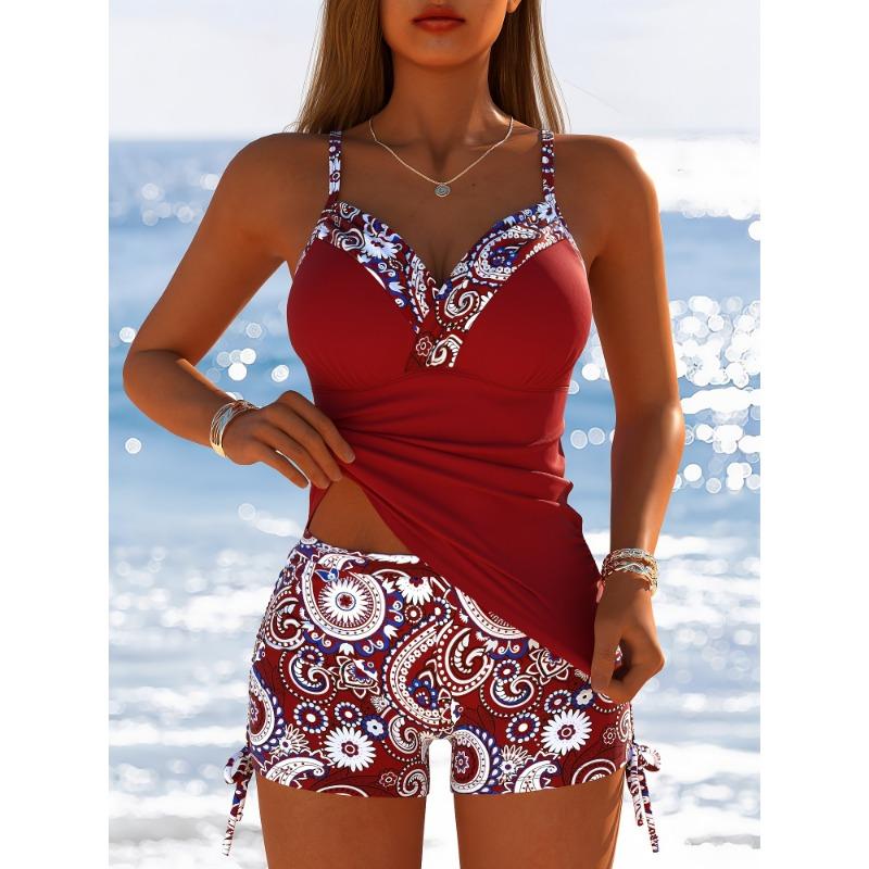 

Women s Paisley Print Ruched Tankini Top & Drawstring Shorts Two-Piece Swimsuit S червоний