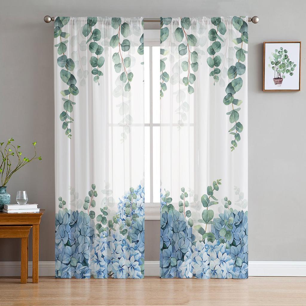 Eucalyptus Leaves Hydrangea Flower Plant Sheer Curtains for Living Room Decoration Window Curtains Kitchen Tulle Voile Curtains