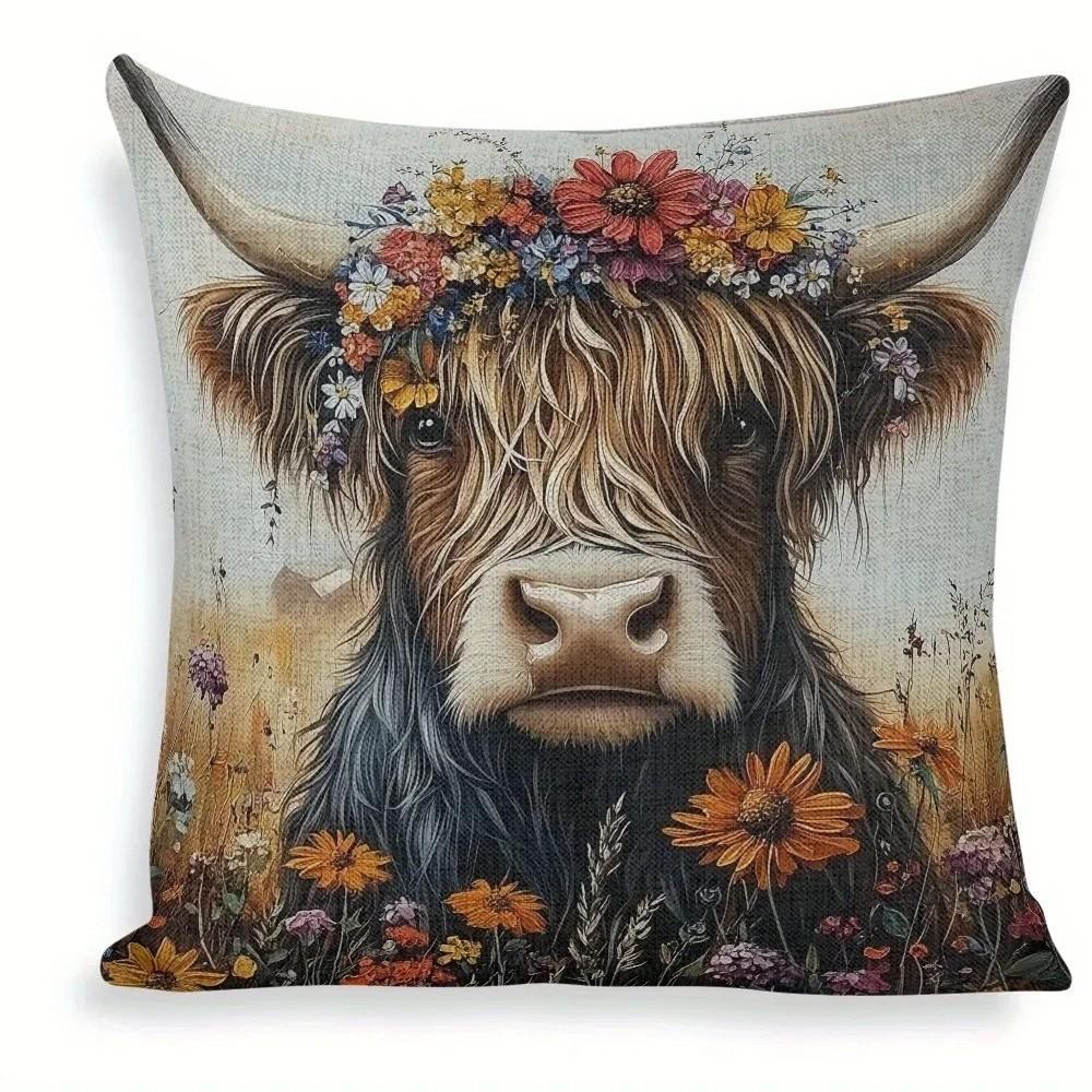 Highland Cows with Flower Crowns Cushion Covers Pattern Cushion Cover Suitable for Sofa Bedroom Car Pillow Cover