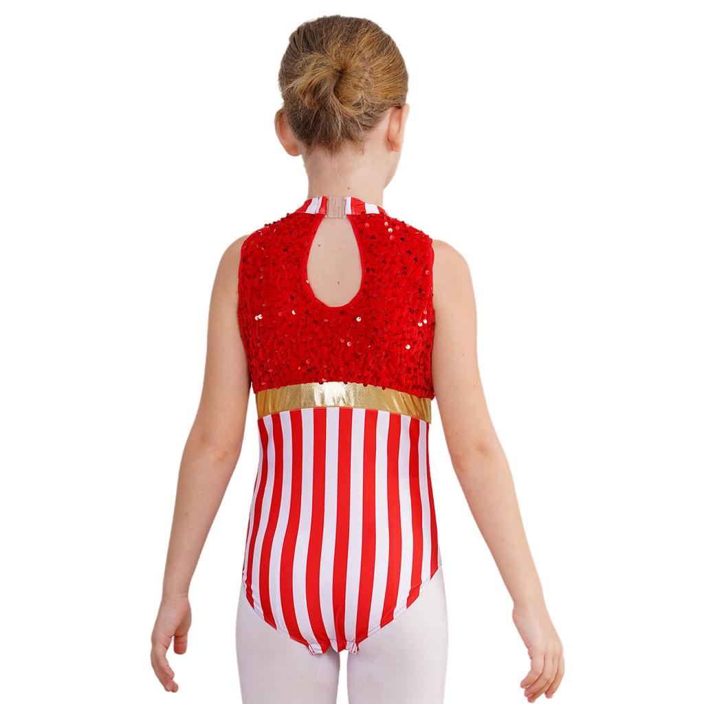 Girls Candy Cane Costume Sleeveless Stripes Sequins Bodysuit Figure Skating Jumpsuit Christmas Party Outfit
