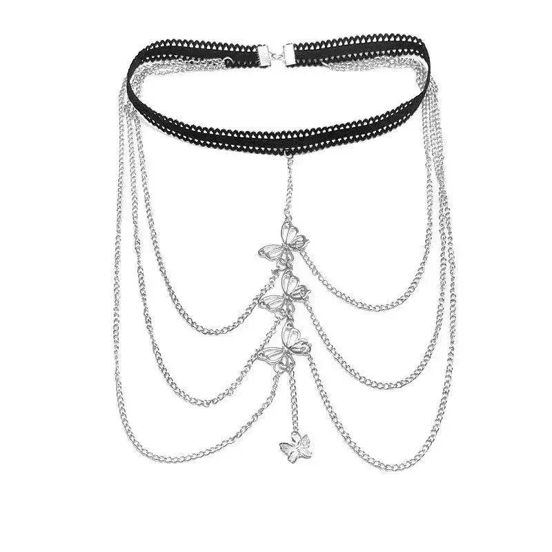 

Bohemian Crystal Tassel Multi layer Thigh Chain for Women Elastic Body Jewelry for Beach Clubwear Vacation Outfits Thigh Chain серебряный