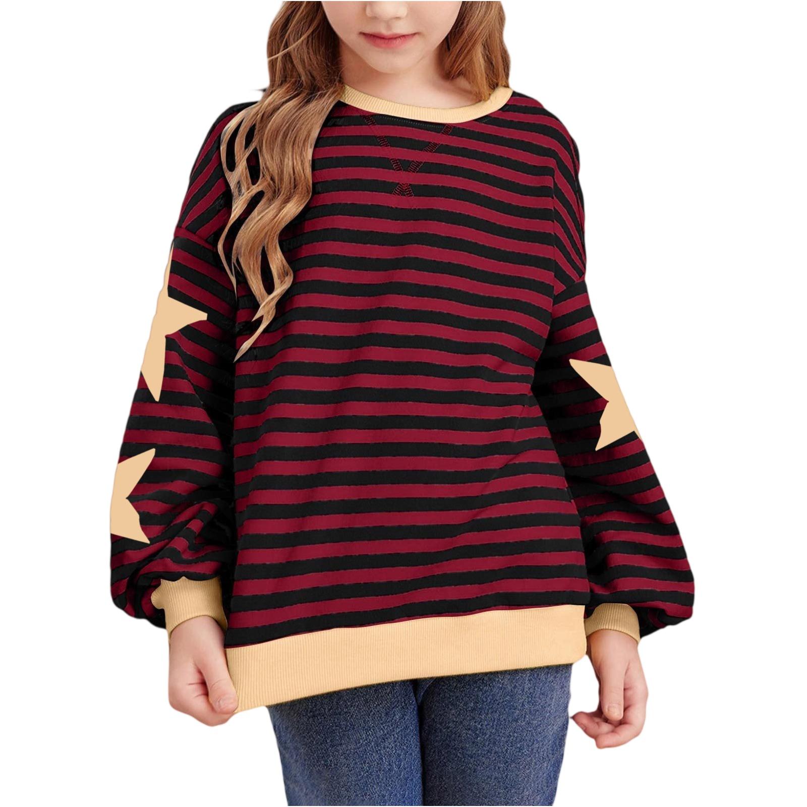 

Girls Striped Color Block Tee - Loose Fit Loungewear Top 90 винный