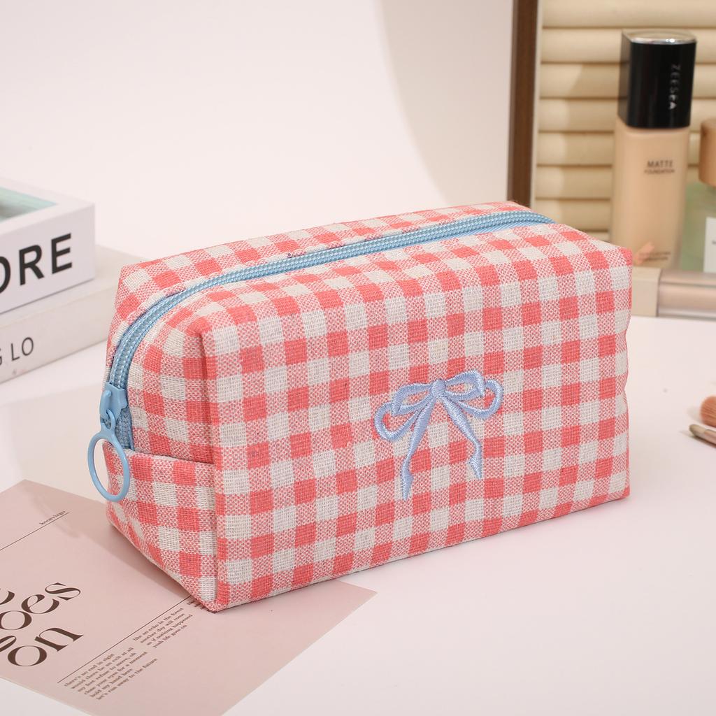 Trendy Plaid Makeup Bag Embroidered Bow Octagonal Cosmetics Organizer Makeup Pouch Portable Travel Organizer Bags Toiletries Bag
