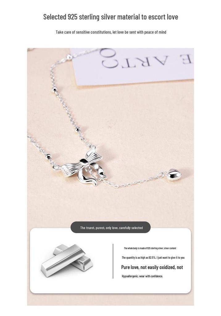 Original Design S925 Sterling Silver Bow Tassel Necklace for Women - High-End 2025 Style Clavicle Chain Accessory