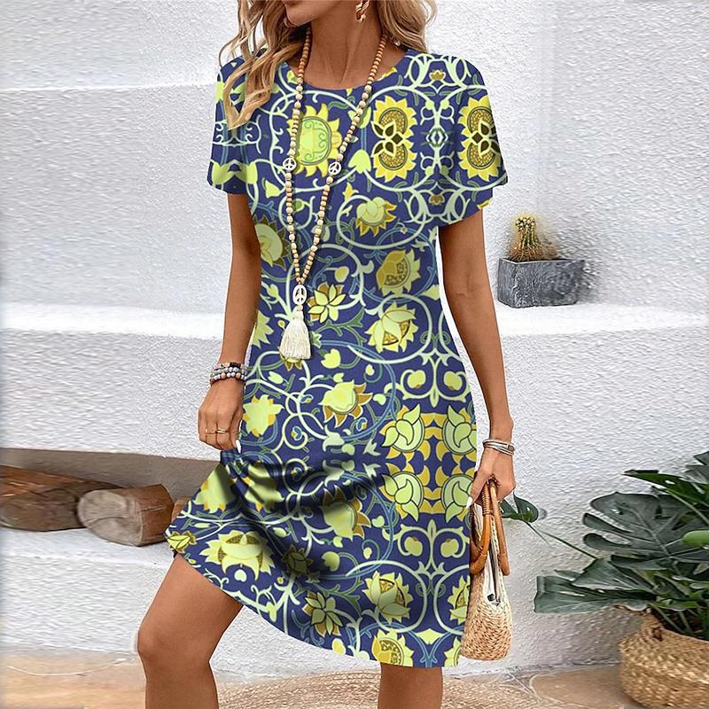 Fashion Womens Loose Sun Flower Print O Neck Short Sleeve Loose Streetwear A-line Dress