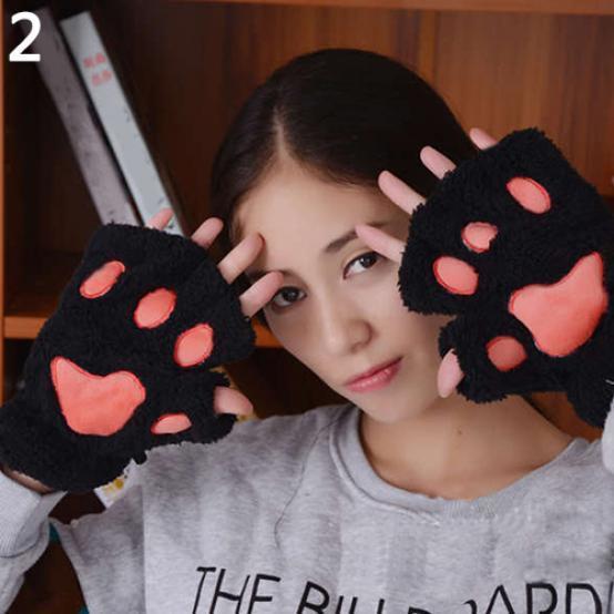 

Пара перчаток с пушистым котом, шикарные женские перчатки без пальцев с медведем, варежки с лапами, подарочные аксессуары на Рождество чёрный