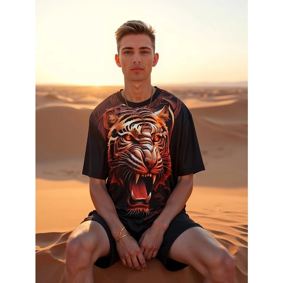 Men's Casual Short Sleeve T-Shirt - Animal Print Skull & Foliage Graphic Breathable Summer Tee Round Neck for Outdoor & Casual Wear, Summer