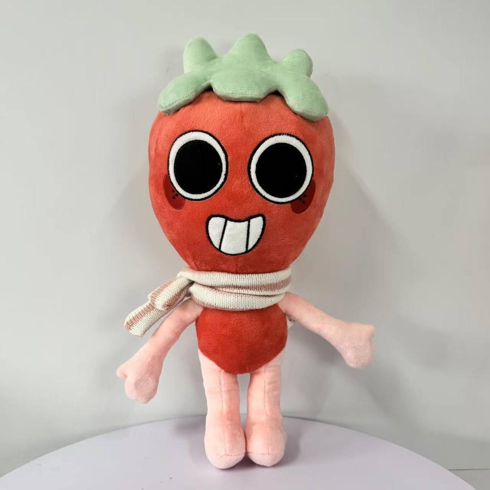 Neues Dandy's World Sprout Plüschtier Erdbeer-Charakter mit rosa-weißem Schal Weiche Stoffpuppe hält Cupcake für Kinder Geschenk & Fan-Sammlung