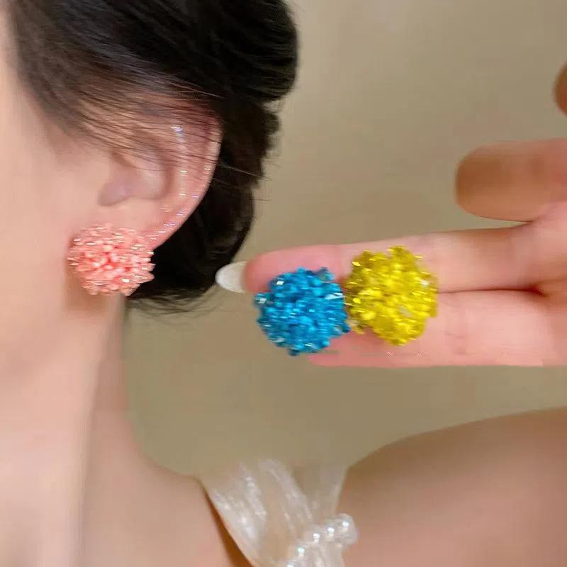 Colored Embroidered Ball Flower Stud Earrings For Women Contrasting Resin Flower Earrings Sweet  Ear Jewelry Accessories
