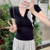 Korean version ins temperament pure desire short-sleeved T-shirt women's summer new slim-fit V-neck design pleated bottoming shirt top