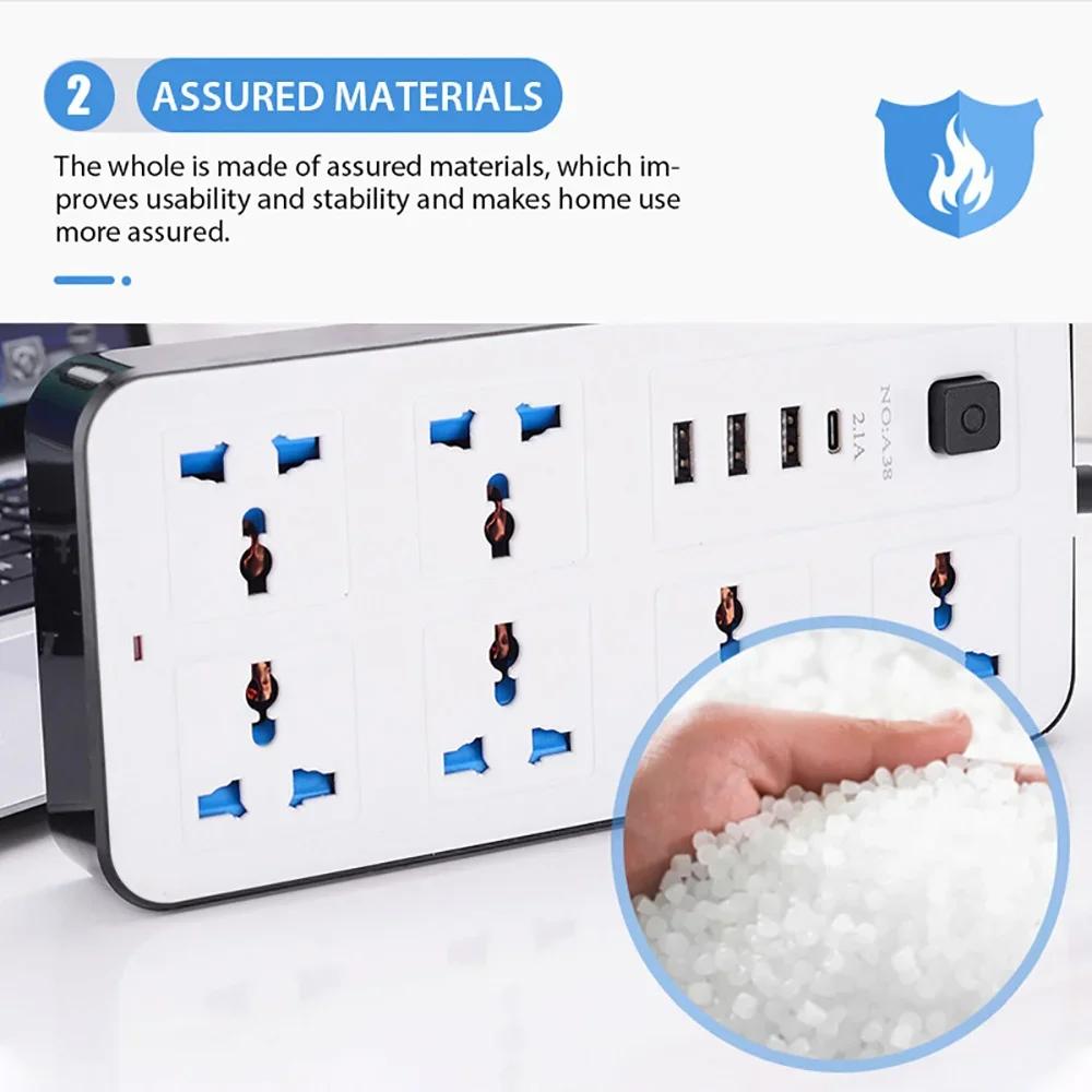 2m Extension Cord Power Multi Tap Multi Ports AC Sockets & 3 USB Electrical Socket Type C Smart Home EU US UK Universal Plug