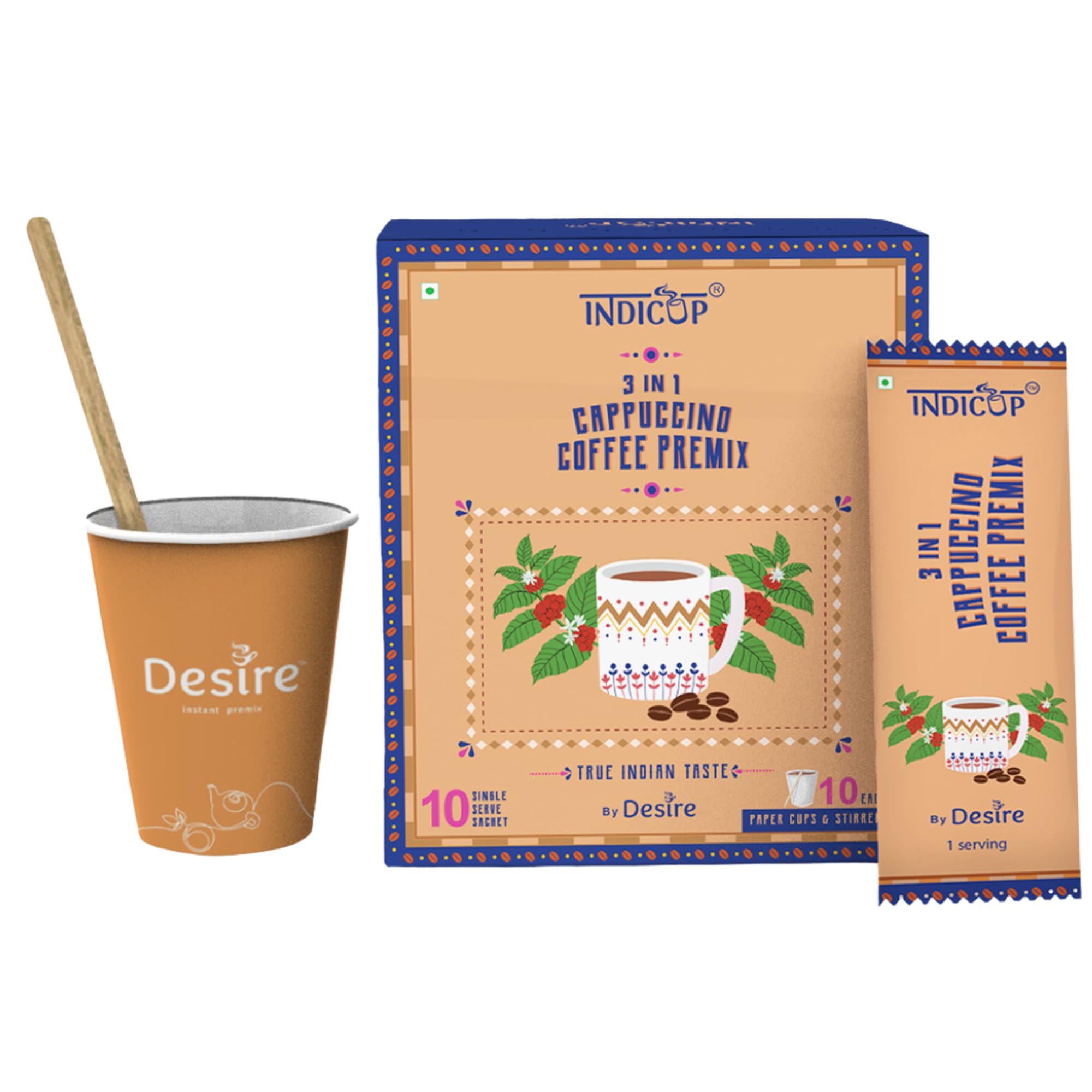 Indicup Instant Coffee Powder Premix Sachets | Ready Mix Coffee Sachet | Just Add Hot Water | Instant Coffee Powder with 10 Coffee Sachets, Cups an