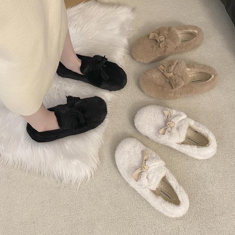 Fé-vind rosett fluffiga enkelskor dam 2025 höst och vinter nya ytterkläder sammet varma mjuka enkelskor Doudou-skor
