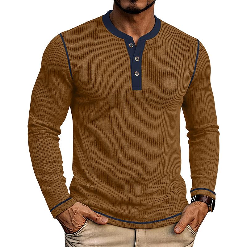 Men's Henry Neck Knit Long Sleeve T-Shirts Color Block Ribbed Casual Slim Fit Pullover Tops Autumn Winter Thermal Undershirts Men