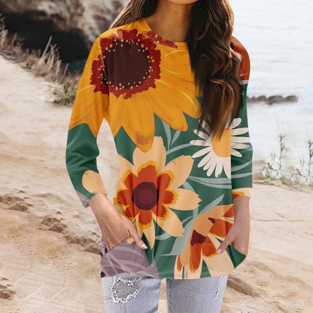 Damenmode Lässiges T-Shirt mit Rundhalsausschnitt, 3/4-Ärmeln und Tasche