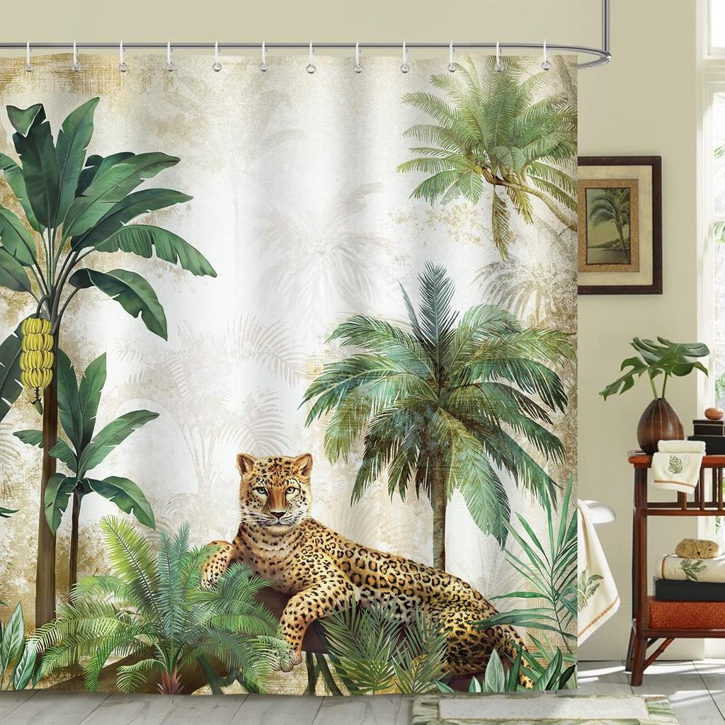 Banana leaf tropical plant green shower curtain 180 x 200cm polyester waterproof mildew washable shower curtain with 12 hooks