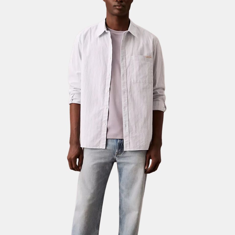 Calvin Klein Minimalist Comfortable Versatile Casual Striped Button-Up Long Sleeve Shirt Men Shirts White 4RB101G-060