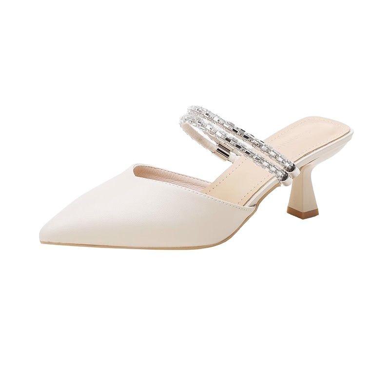 Baotou semi-slippers summer new high-heeled cool slippers pointed rhinestone shoes thick-heeled slippers women's outer wear