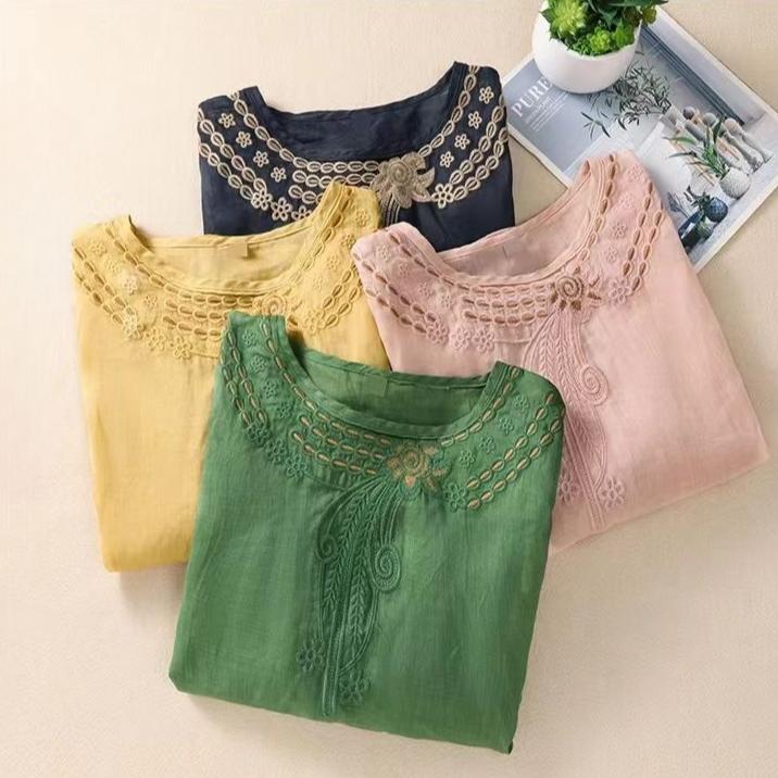 New Literary and Retro Embroidered Shirt Summer Half-sleeve Thin Loose and Versatile Pullover Top