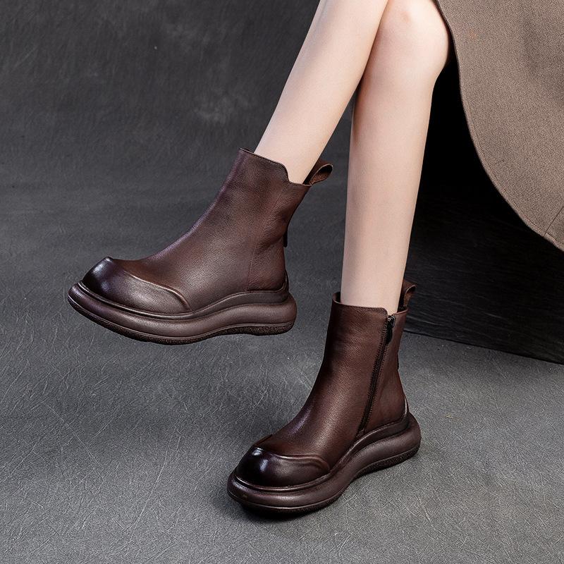 Móda GKTINOO Pravá Kůže Kotníkové Boty Dámské Boty 2025 Nové Podzim Zima Kulatá Špička Silná Podrážka Zip Ručně Vyráběné Platforma Dámské Boty