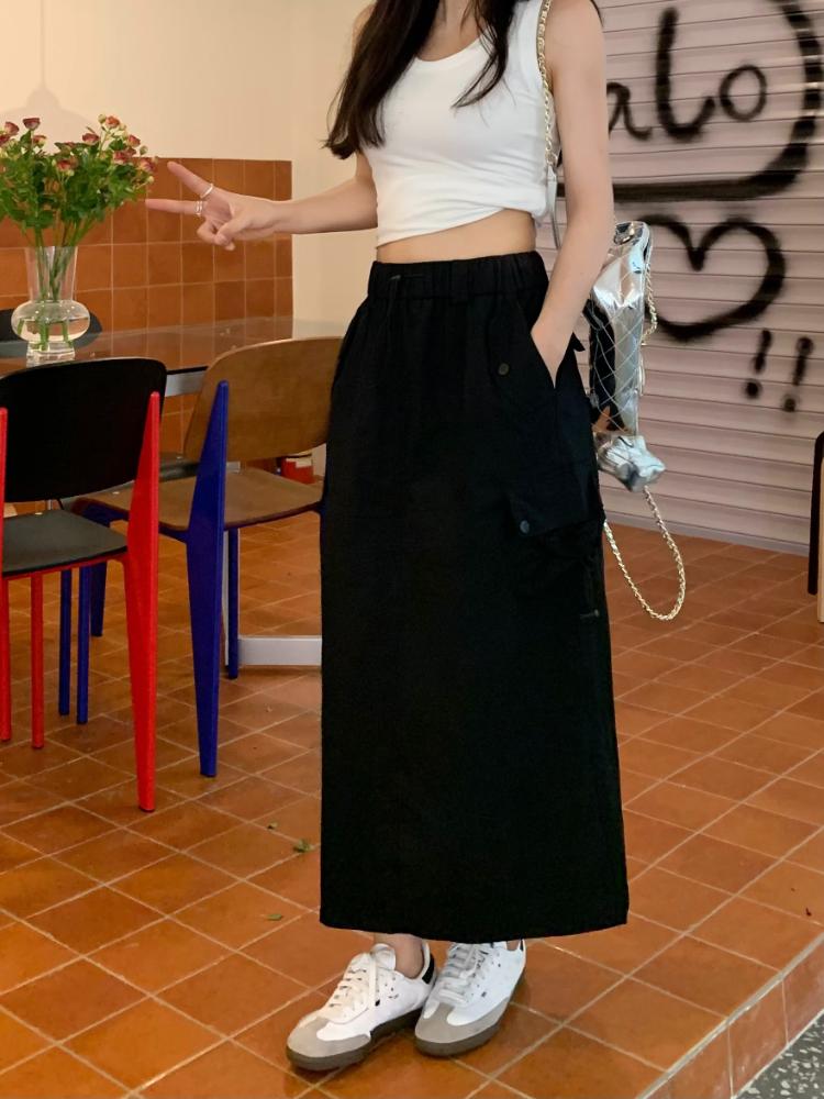 Chic Drawstring Pocket Design Cargo Skirt Women Summer Retro High Waist Gyaru Split Long Skirts Harajuku Fashion Streetwear New