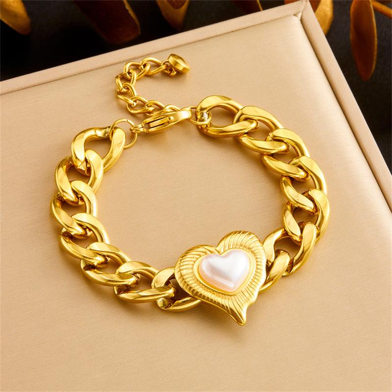 Gold Pearl In Heart Frame Jewelry Set Necklace Bracelet Earrings