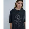 Fashion Retro Worn Looking Washed-out Black Loose Print Cotton T-shirt Loose Diamond Studded T-shirt