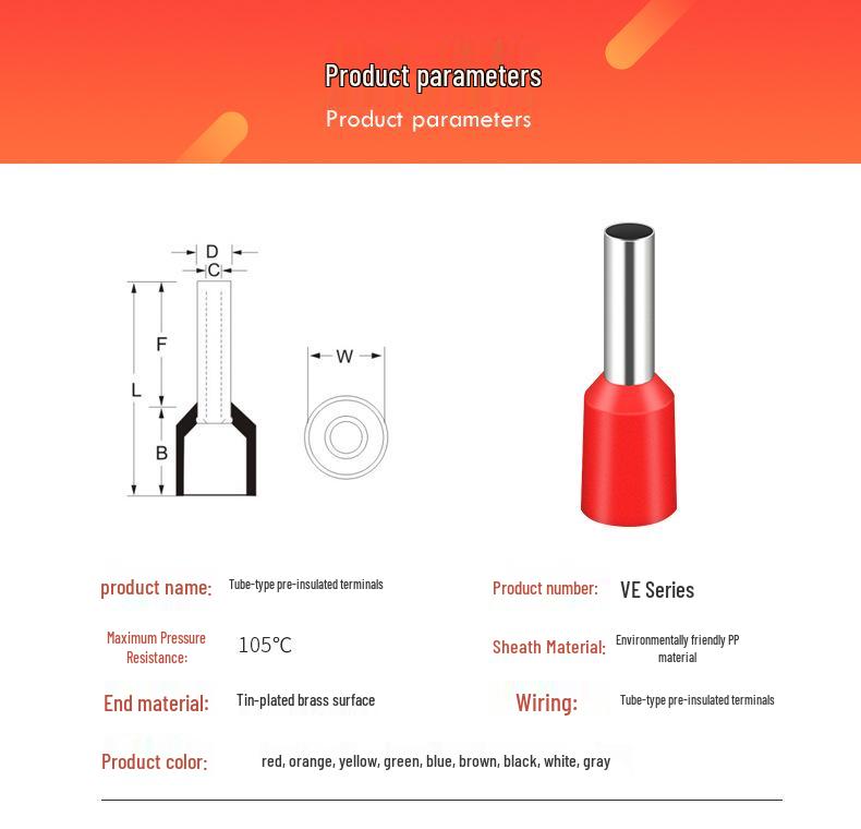 Cold-Pressed Wire Tube Terminals VE0508, 7508, 1008, 1508, 2508, 4009, 6012 Specifications