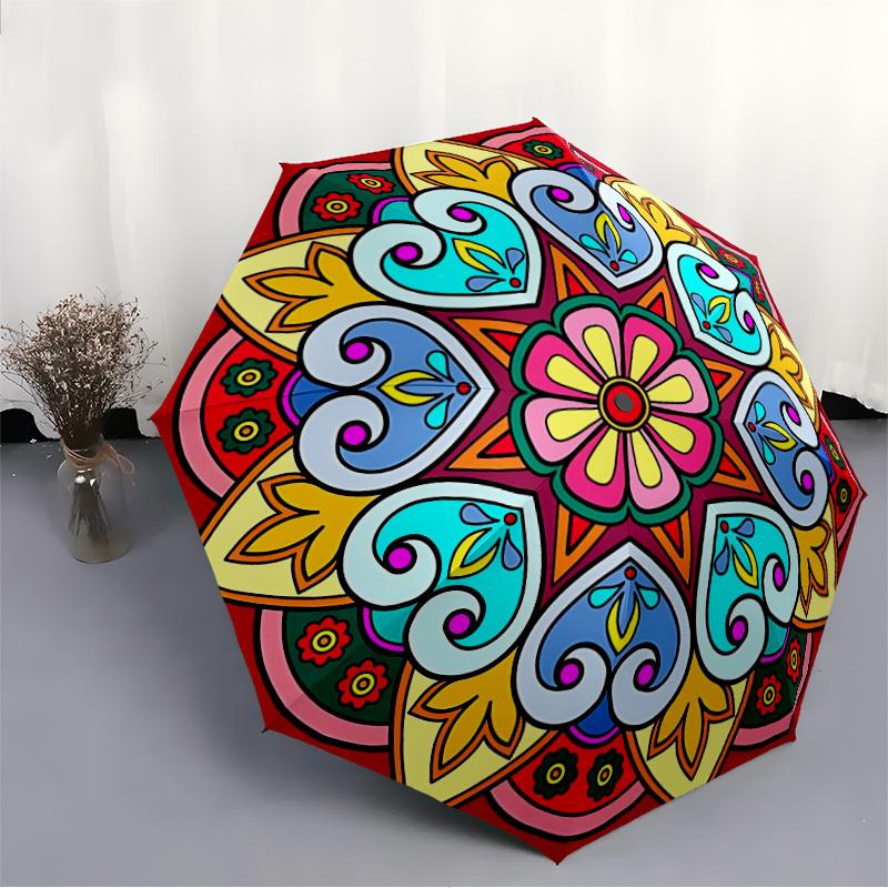 1pc Mandala Pattern Automatic Folding Umbrella - Portable Collapsible Design, 8-Rib Iron Frame, Durable Fabric yy251125054