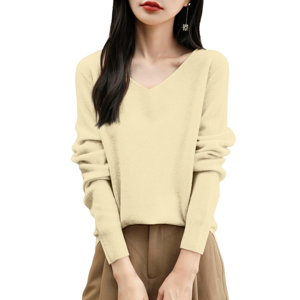 Women's Fashion Flat-Knit V-Neck Pullover Sweater Solid Color Long-Sleeve Top