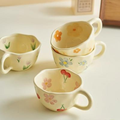 Hand-Pinched Ceramic Coffee Mug, Korean Style Floral Milk Tea Cup, Artisan Breakfast Drinkware, Unique Irregular Design