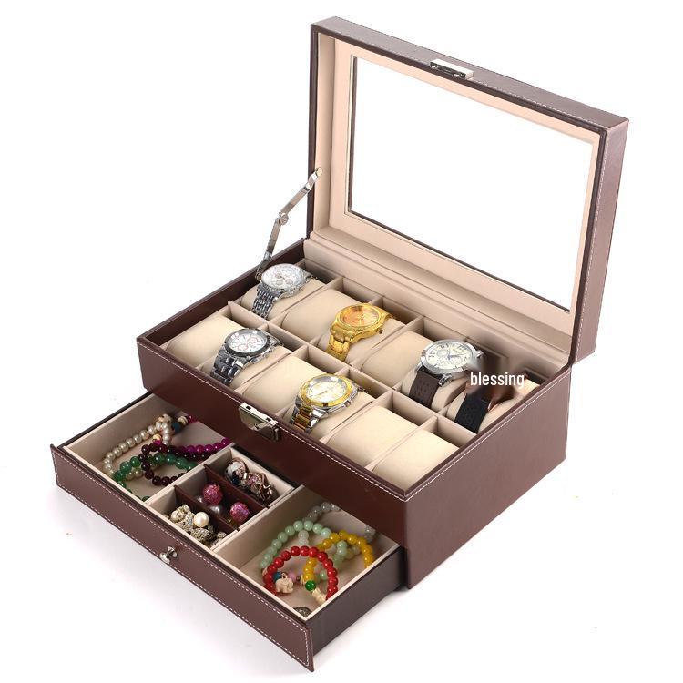 

Black PU Leather 12-Slot Double-Layer Watch and Jewelry Storage Box Type 1 коричневый