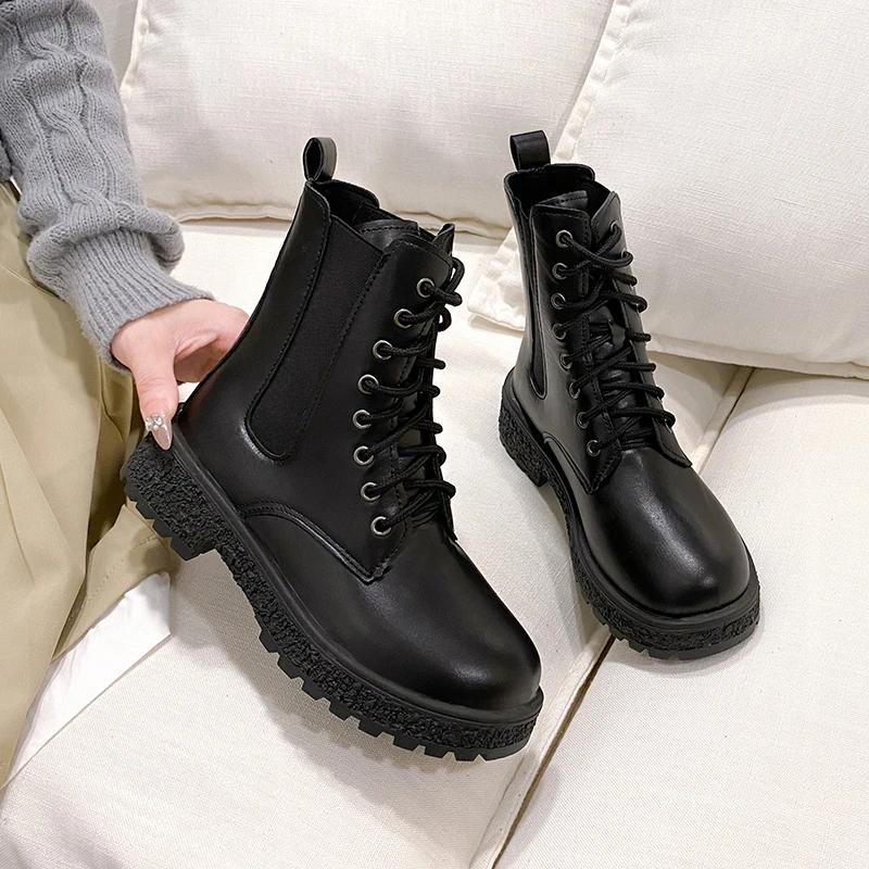 Nová Módní Ležérní Pohodlná Dámská Velká Velikost Jarní A Podzimní Britský Styl Silná Podrážka Černé Boty Všestranné