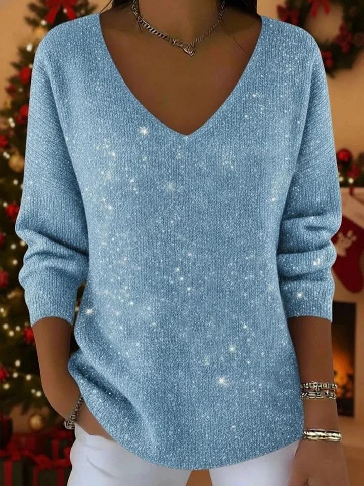 Women's Long Sleeve V-Neck Christmas Top - Versatile Casual T-Shirt for Autumn/Winter 2025 in Europe.