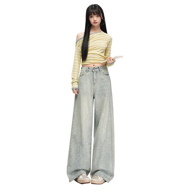 Early Spring Full Star Rhinestone Vintage Wide Leg Floor Sweeping Denim Pants For Ladies Casual Pants Oversize Denim Trousers