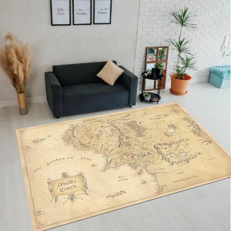3D Mittelerde Karte Teppich, Detaillierte Berg-Fluss-Topographie auf Antik-Beigem Teppich, Vintage Fantasy Fußmatte für Bibliothek Arbeitszimmer