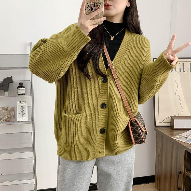 Knitted cardigan women's buttons autumn and winter new lazy wind soft waxy loose v-neck loose sweater jacket women