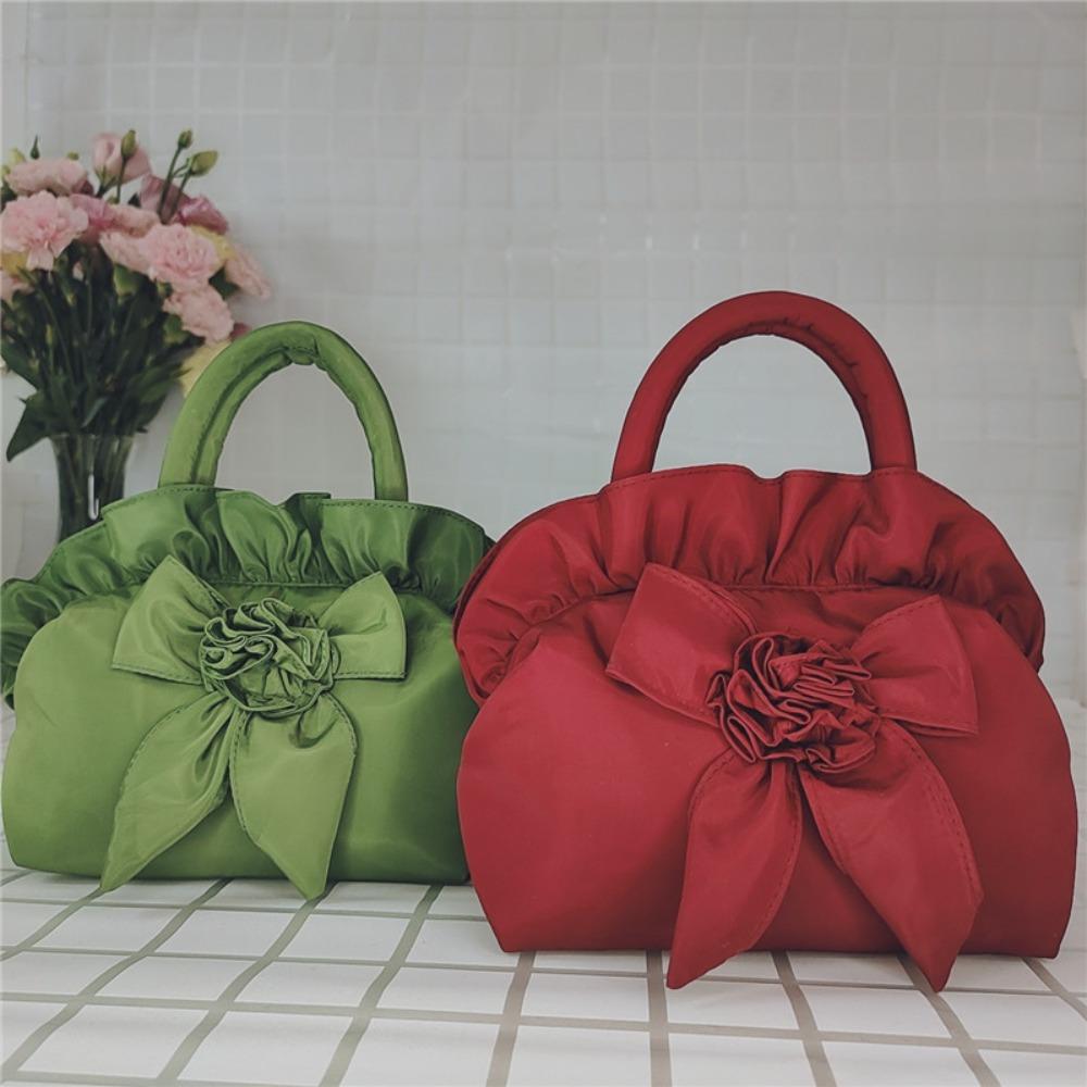 1pc Women's Floral Bow Handbag - Medium Zipper Closure Summer Tote, Durable Polyester with Spacious Interior, Hand Wash/Dry Clean